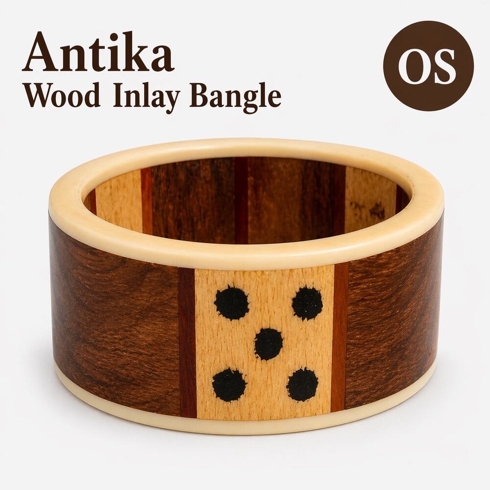 Antika Wood Inlay Bangle Bracelet Wide Boho Artisan India OS